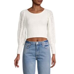 Free People Tea Time Cropped Lace Top White Round Neck Keyhole Back Size M